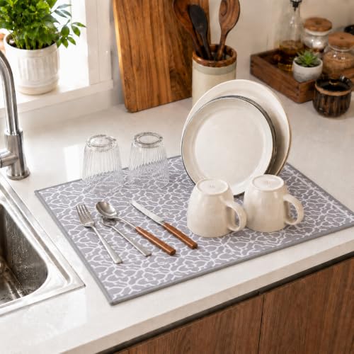 Image of Cutting EDGE Microfiber Dish Drying Mat - Water Absorbent & Reversible for Kitchen Utensils, Counter Top, Sink (Pack of 2, Grey Color, Combo)