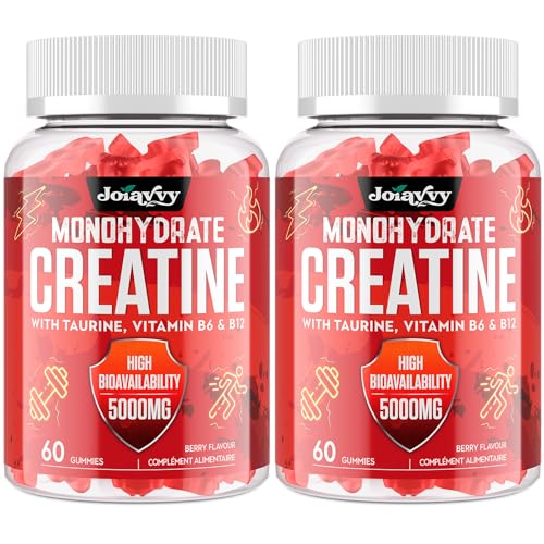 Gominolas de Creatina Monohidrato, 5000 mg de Creatina Monohidratada por cada Dosis, Potenciador Preentrenamiento, Más Práctico que el Polvo, Sabor a Bayas, Vegano (60 Unidad (Paquete de 2))