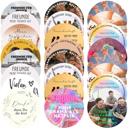 24x Getränkeuntersetzer Motto Freundschaft, beidseitig Bedruckt, 24 Freundschaftssprüche- und Motiven, für Zuhause, Freunde, Deko, Haushalt. Saugfähig aus Karton, 100% nachhaltig & recycelbar
