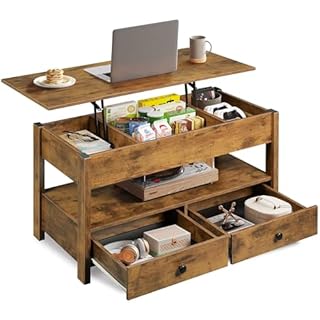 WLIVE Coffee Table 100cm, Lift Up Coffee Table with 2 Drawers, Large Hidden Hidden Compartment and Open Shelf, Lift Tabletop, Dining Table for Living Room, Rustic Brown