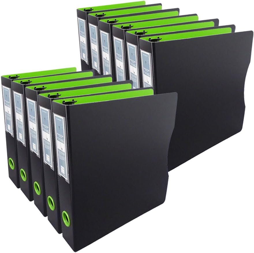 Scandinavian Style 3-Ring Binder 50% More Storage Space & Flat 8.5x11 Page Display by Keepfiling -12 Pack -Black/Lime Green