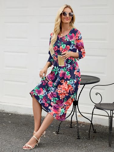 Image of Heymoments Women's Casual 3 /4 Sleeve Midi Dress Crewneck A Line Tiered Flowy Loose Travel Long Dresses with Pockets
