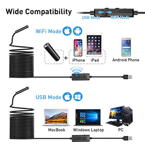 Xpertmatic F160 Usb And Wifi 2.0 Mp Hd Endoscope, 16.4Ft Large Focal Range Borescope Drain Camera For Iphone, Android Phone, Pc, Macbook - 16.4Ft Semi-Rigid With 8 Adjustable Led Lights #TOP1