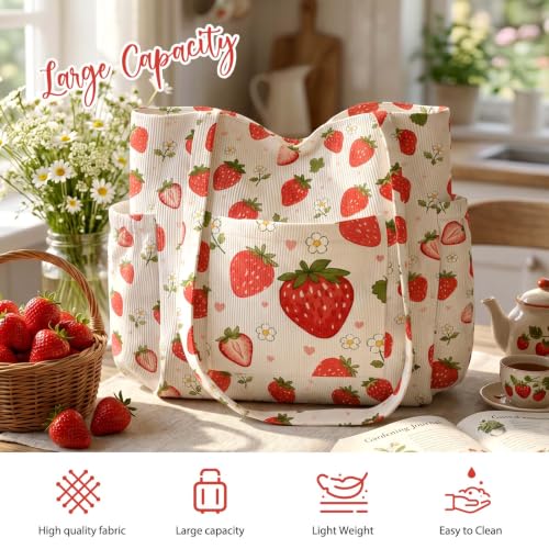Watercolor Strawberry Corduroy Tote Bag for Women, Cute Shoulder Bag - image 8