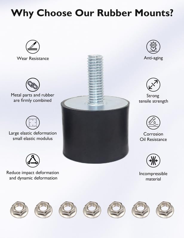 EASYEAH M4 Rubber Vibration Isolator Mounts Single Stud Shock Absorber Mechanical Vibration Damping Mounts Anti Vibration Silent-Blocks for Motor Compressor Pump, 8pcs M4x14-15x15mm, 8pcs LockNuts