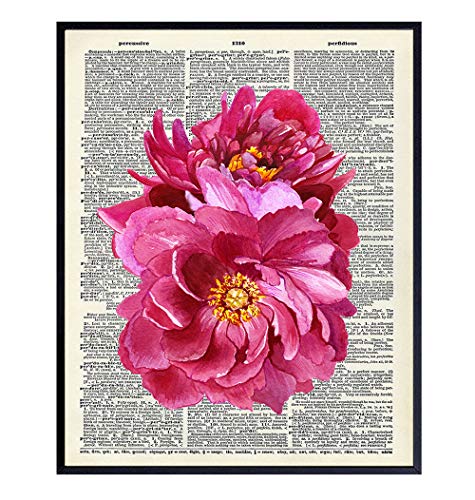 Pink Floral Dictionary Art Print - 8x10 Vintage Wall Decor Poster, Rustic Shabby Chic Home Decoration for Bathroom, Bath, Bedroom, Living Room - Chic Unique Gift for Women, Woman, Wife, Her, Girls