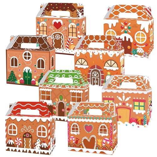 24 Pack Christmas Party Favor Treat Boxes, 3D Gingerbread Xmas House Print Goodie Candy Treat Present Boxes for Christmas Holiday Wrapping Classroom Supplies Fill with Candy Treats Cookies Cupcake