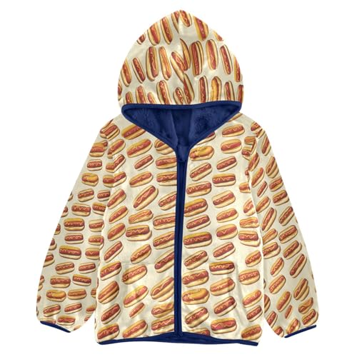 Cartoon Hot Dog Pattern Toddler Fleece Jacket Girl Boys Hooded Fleece Jacket Coat Warm Outwear Zip-up 3-10T