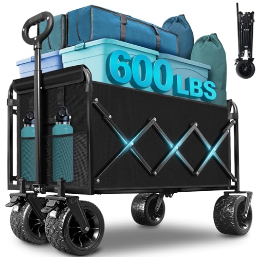 Image of Beach Wagon with Big Wheels for Sand: 600LBS All Terrain Collapsible Beach Cart Foldable - Portable Heavy Duty Folding Utility Wagon Cart for Groceries Shopping Outdoor Camping Sports