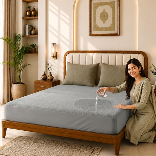 Image of Glassiano Cotton Feel Terry Ultra Soft Waterproof Mattress Protector | Breathable - Hypoallergenic Mattresses Cover with Elastic Strap for Single Bed (80x30 inch|6.6x2.5 feet, Grey - Pack of 1)