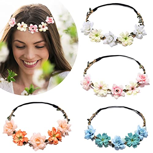 4 Pièces Couronnes de Fleurs Bandeau, Florale Bandeaux Femme Guirlande de Fleur Bohême Headbands Floral Serre-têtes Ruban Élastique pour Filles Fête Mariage Voyage Séances Photo Cover
