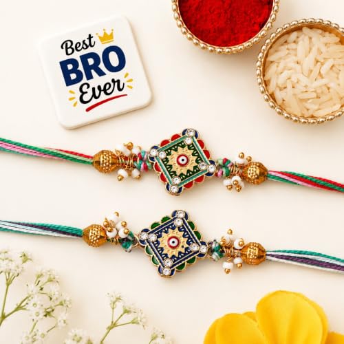 Image of eCraftIndia Set of 2 Designer Rakhis for Brothers with Best Bro Ever Fridge Magnet and Roli Chawal Pack