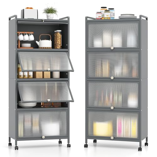 Giantex 5-Tier Kitchen Storage Cabinet, Mobile Microwave Stand with Flip-up PC Doors, Freestanding Kitchen Bakers Rack with 4 Rolling Casters, for Dining Room, Living Room and Study, Grey