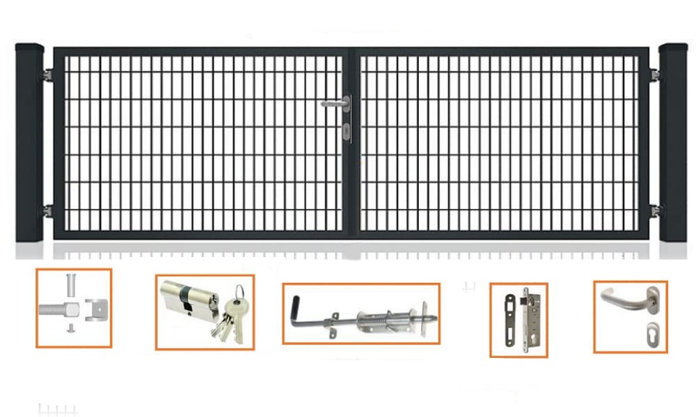 Doppelflügeltor Premium für Doppelsabmattenzaun Anthrazit 8/6/8 inkl Schloss Schlüssel Pfosten Breite: 4500 mm Höhe : Höhe 2000 mm