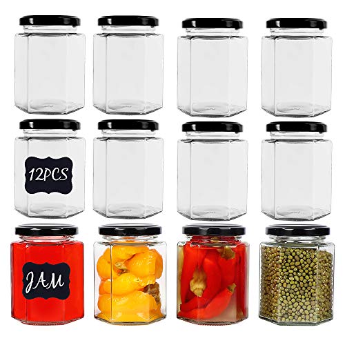 CycleMore 9oz Hexagon Glass Jars with Black Lids, Clear Glass Canning Jars Jam Jars Bottles for Jams, Honey, Wedding Favors, Baby Foods, Gifts and Craft, DIY Spice Jars and More(Pack of 12)