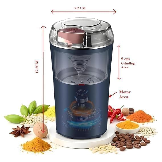 Image of KASHTHABHANJAN PHARMA Electric Coffee Grinder Spice & Coffee Bean Grinder Stainless Steel 4 Blade Mixer Grinder for Masala & Herb Push Button Control Durable Grinding Machine for Dry Item (Blue)