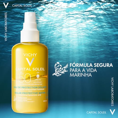 Vichy, Capital Soleil, Eau de Protection Solaire SPF50, Formule Hydratante, Enrichie en Acide Hyaluronique, Convient aux Peaux Sensibles, 200 ml