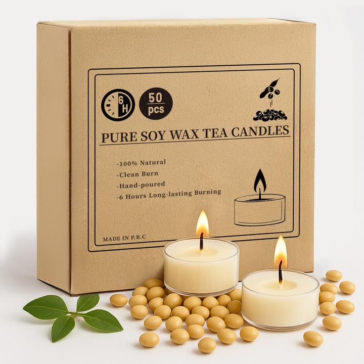 Crenovo Tea Lights Candles 50 Pack, Natural Soy Wax Tealights Candles Bulk 6 Hours Non-Toxic, Long...