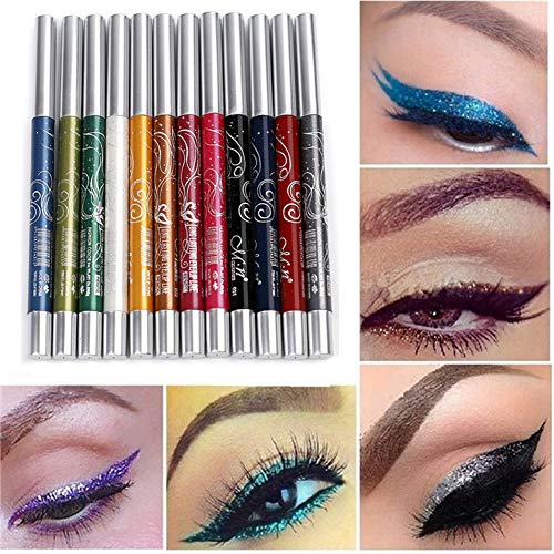 Fashionwu Waterproof Eyeliner, 12 Colors Eye Liner Eyeshadow Pencil Eye Shadow Highlight Pen, Professional Long-Lasting Milti-Functional Cosmetics Makeup Tool (1 Set - 12pcs)