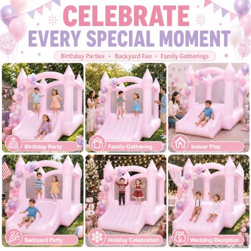 Image of AKSPORT Pink Bounce House for Kids, Inflatable Bounce House with Slide