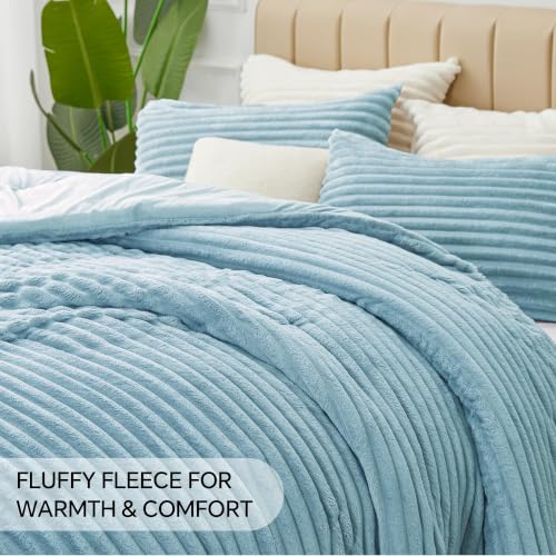 Image of BEDELITE Fleece Oversized Queen Comforter Set, Fluffy Bed Set, Grey Blue | Super Soft & Warm Bedding, Luxury Fuzzy Faux Fur Comforter for Winter, Heavy Plush Bedding, with 2 Pillowcases