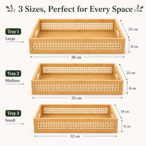 Image of Curated Cart Bamboo Serving Tray with Cut-Out Handles - Rattan Cane Woven Base - Eco-Friendly Rustic Tray for Coffee Table, Breakfast (Tray -Rectangle-3P-S,M,L)