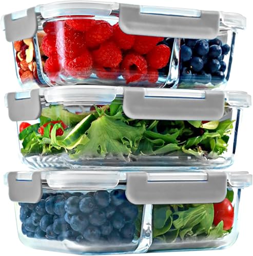 MINIMARG Recipientes de vidrio para preparación de comidas, 1,2 y 3 compartimentos, control de porciones, almacenamiento de alimentos para almuerzo, tapas herméticas, aptos para horno y congelador, a