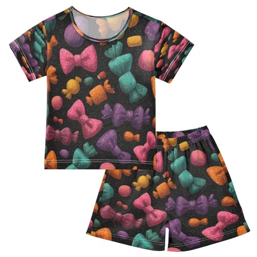 Pajama Sets Short Sleeve Colorful Bow Ties on Black Soft Cotton Summer Sleepwear 2 Piece PJS Size 5-14T