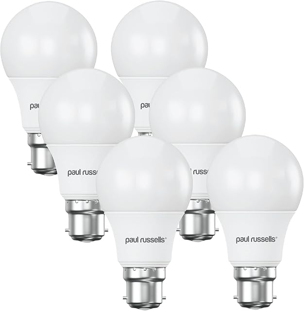 paul russells Bayonet LED Light Bulb B22, 60 watt Equivalent 9W 806LM LED Bulbs, 6500K LED White Daylight White Bulbs, Classic A60 BC GLS Standard Energy Saving Lightbulb Pack of 6