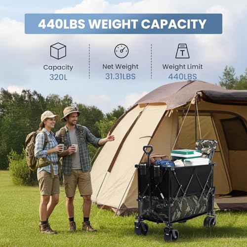 Image of DUMOS 440LBS Heavy Duty Double Decker Wagon with 51IN Extender, 400L Large Capacity Collapsible Garden Cart, All-Terrain 7IN Wheels with Brakes, Foldable Utility Wagon for Shopping, Camping, Black