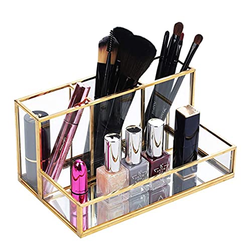 Image of Gold Glass Makeup Organizer with Mirror Base - Cosmetic Storage Holder for Lipstick, Nail Polish, Brushes - Vanity Organizer for Dressing Table - 20 x 12 x 10 cm