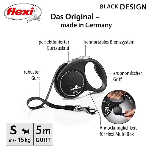 flexi® Black Design M Seil 5 m schwarz/Silber, Roll-Leine für Hunde bis 20 kg