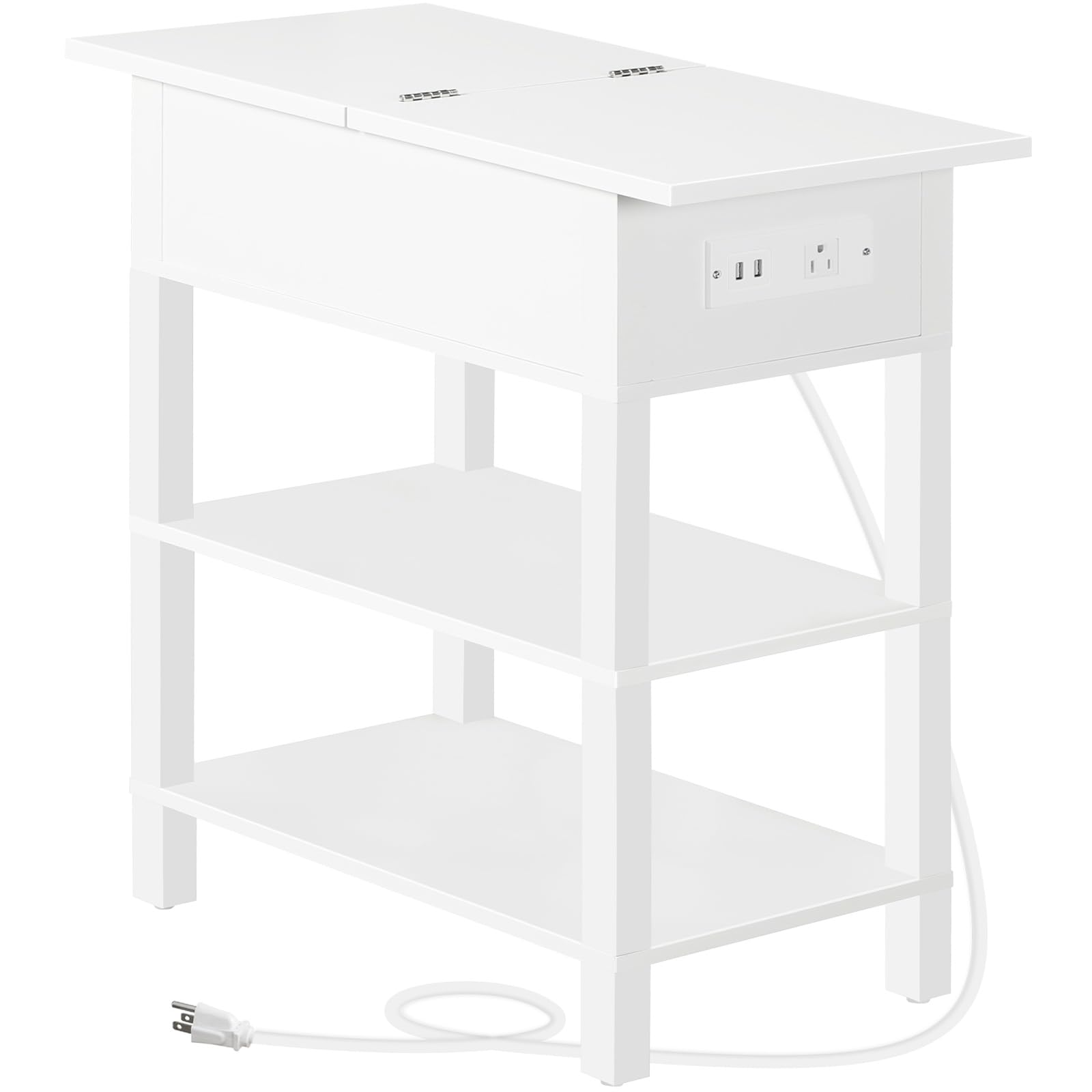 HOOBRO End Table with Charging Station, Flip Top Side Table with USB Ports, Narrow Nightstand Bedside Tables with Storage Shelves, for Small Space,