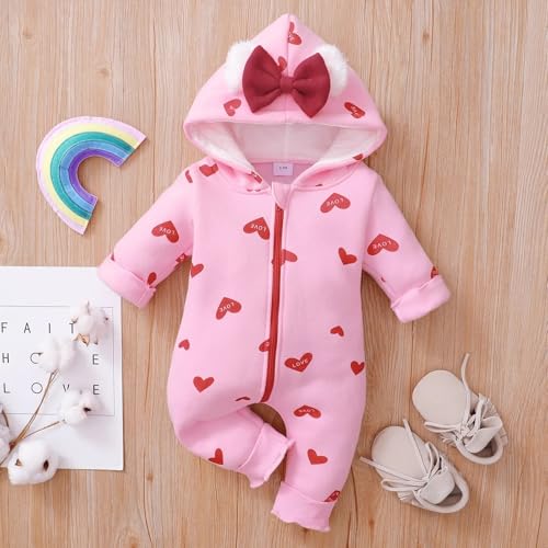 Image of BRANDONN Kids Baby Cotton Fleece Jumpsuit Romper Onesie Sleep Suit Hooded Semi Winter Zipper (Pink & Red, 6-9 Months)