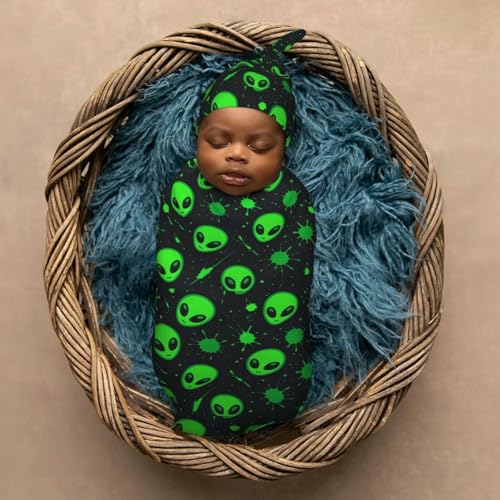 Image of Green Alien Head Newborn Swaddle Blankets Hat Sets Soft Baby Receiving Blanket Swaddle Sack for Baby Shower Infant Boy Girl Gift
