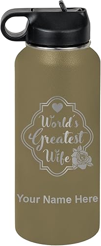 Miniatura 19 de LaserGram Botella de agua de doble pared de 32 onzas con popote, la mejor esposa del mundo, grabado personalizado incluido (gris) Gris,Negro -,Verde