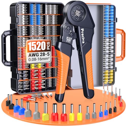 Preciva Pince à Sertir de Ferrules - 0.08-16mm² Pinces à Cosse Cliquet Auto-ajustable avec Bornes à Douille, Outils de Sertissage Hexagonales pour...