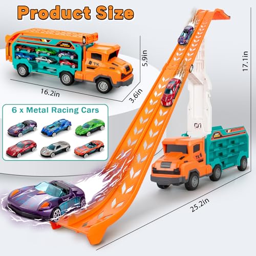 Image of BainGesk Carrier Truck Toys for 3 4 5 6 Years Old Boys, 2.8 Ft Race Track Transport Cars with 6 Die-Cast Metal Toy Cars, Birthday Gifts Kids Age 3-5, Racing Toys Gifts for Toddlers