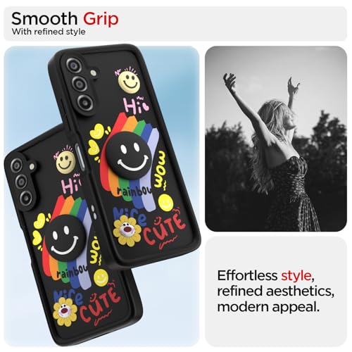 Image of Pikkme Back Cover for Samsung Galaxy M17 5G / A17 5G / F17 5G | Soft Silicone| Cute Rainbow Smile & 3D Cartoon Flower Design | Shockproof Raised Camera Protection Bumper Case (Black)