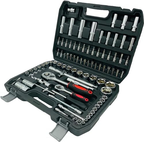 Jogo de Chaves Soquete Catraca 1/4 e 1/2 Pol 94 Peças Aço Cromo Venádio