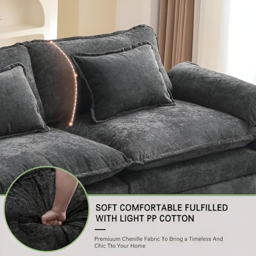 Image of Modern U Shaped Sectional Sofa, Plush Chenille Upholstery, Extra Deep Seats with Throw Pillows for Living Room Office Hotels (Black)