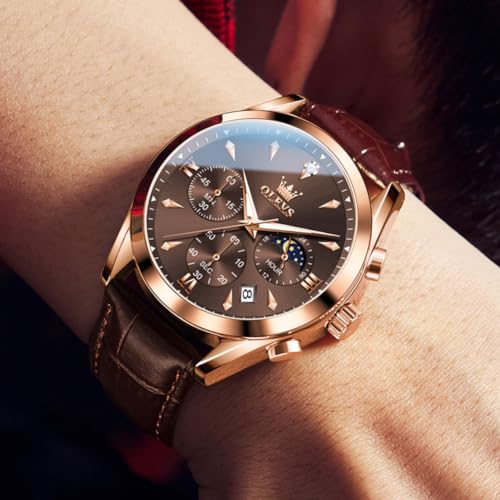 Image of OLEVS Men's Leather Analog Quartz Watch - Luxury Chronograph Wristwatch with Date, Waterproof, Luminous - Dress Style