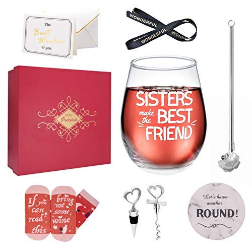 Sisters Make the Best Friend (WHITE) â€“ Sisters Gift for Birthday, Funny Gift from Sister, 12 Oz Wine Tumbler Glass Cup Gift Set, Novelty Glassware for Woman