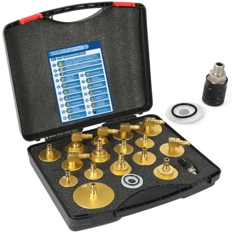 Master Cylinder Bleeder Kit 17PCS Brake Bleeder Adapter Kit Aluminum Brake Pressure Bleeder Kit with Quick Connector Pressure Brake Bleeder Set Compatible for Benz BMW Ford VW Tesla Honda Toyota Lexus Cover
