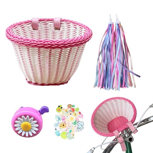Cesta de bicicleta para niñas, cesta de bicicleta para manubrio delantero para niños, cestas de triciclo pequeñas delanteras, juego de accesorios decorativos para bicicleta