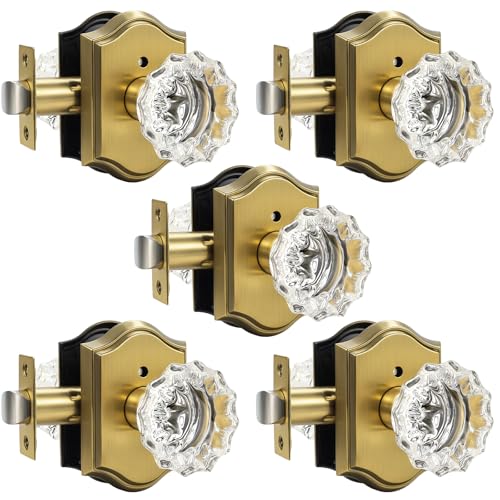 KNOBWELL Glass Door Knobs Interior, Vintage Privacy Crystal Door Knobs for Bedroom &Bathroom, Antique Brass Door Locksets, Push Pin Button Inside Lock, 5 Pack