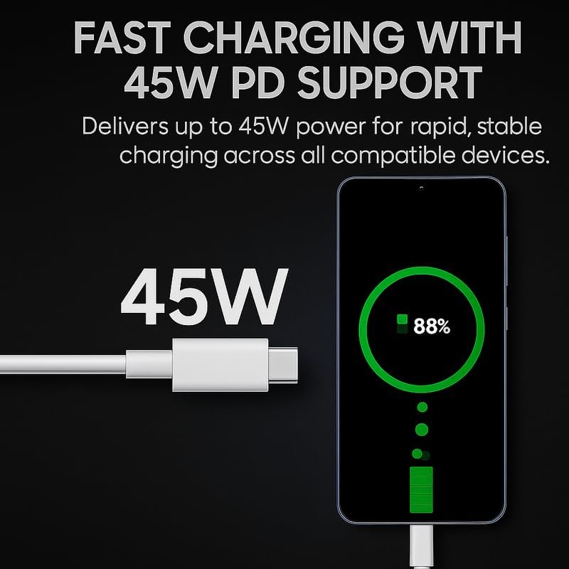 Image of Samsung 25W Original Type C to C 3.3 FT Fast Charging USB C Cable High-Speed & Data Transfer Compatible with Samsung Galaxy M15,F15,A15,A14,M14,F14,M34,F34,A34,A54,S21 Fe 5G,S22,S23 Type-C Cord,White