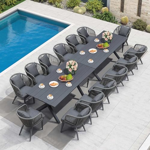 Image of PURPLE LEAF 16 Pieces Patio Dining Set Wicker Outdoor Furniture Rectangular Table and Chairs Set for Garden Deck Aluminum Frame Backyard Kitchen Set, Cushions and Pillows Included Grey