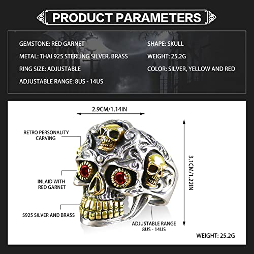 Gothic 925 Sterling Silver Skull Ring For Men, Red Garnet Bead Eyes Skull Ring, Punk Skull Ring, Vintage Biker Ring, Silver Adjustable Ring Skull For Men #TOP1