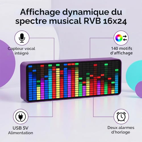 Analyseur Audio FFT LED RGB 384 LEDs 16x24 Segments 7 Couleurs Indicateur Rythme Lumineux Capteur Vocal pour Musique DJ Home Studio